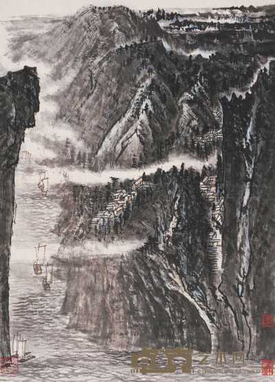 李可染 峡江帆影 立轴 67×48cm